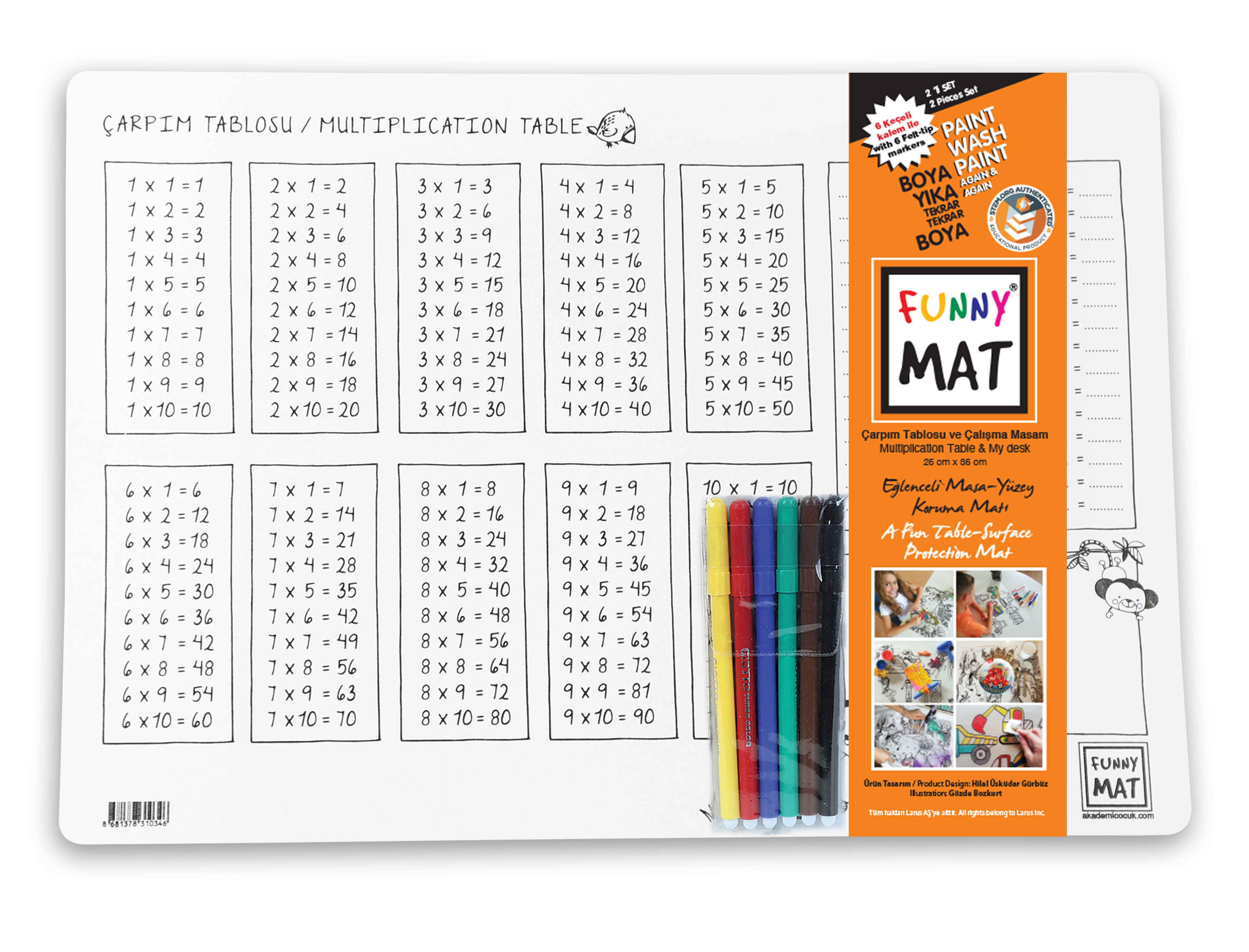 FUNNY MAT ÇARPIM TABLOSU & ÇALIŞMA MASAM 25X35CM 2'Lİ PAKET BEYAZ 6'LI KEÇELİ KALEM