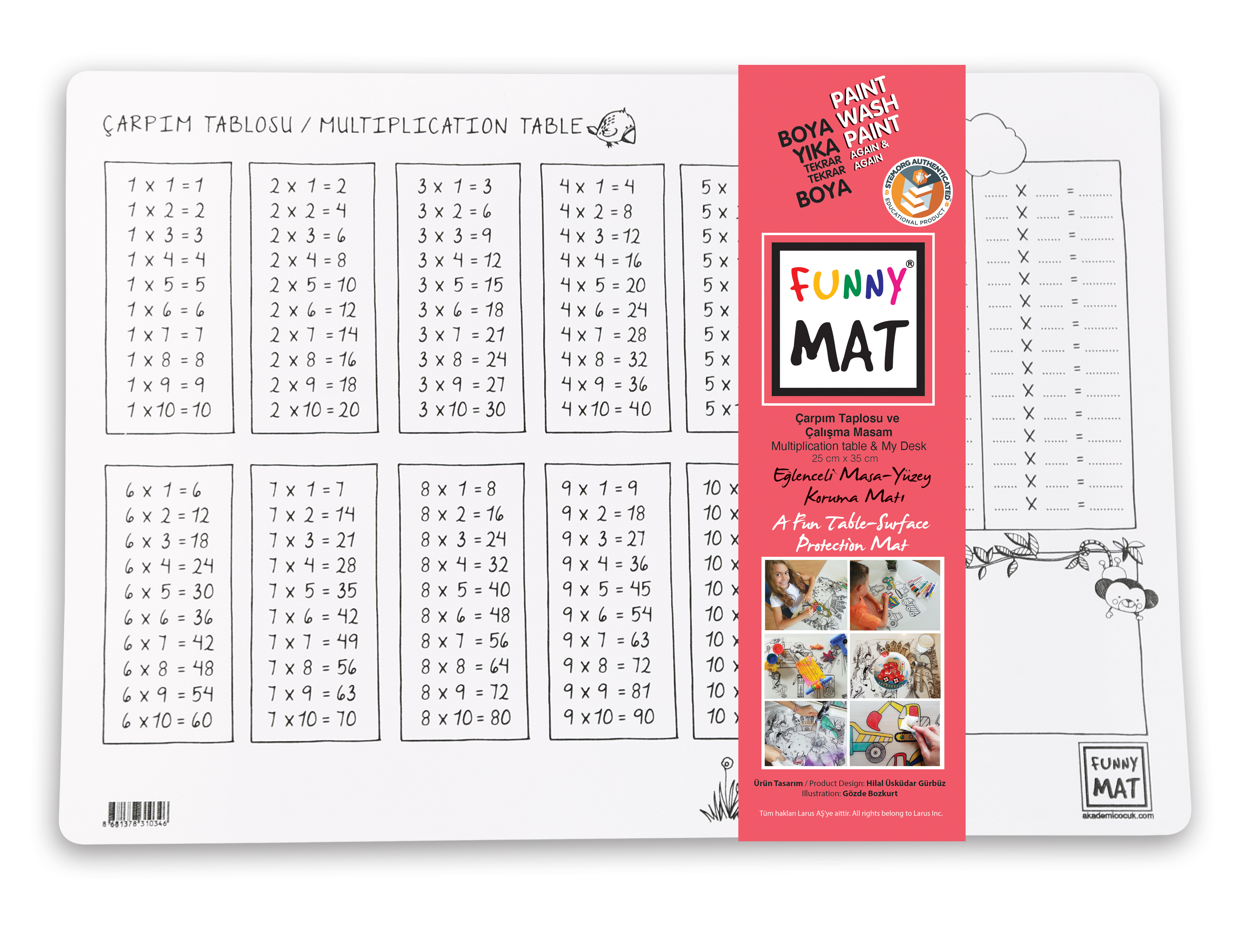 FUNNY MAT ÇARPIM TABLOSU & ÇALIŞMA MASAM 25X35CM 2'Lİ PAKET BEYAZ SERİYENİ
